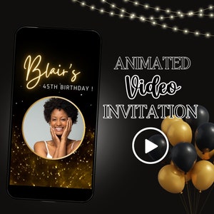 Video Birthday Invite, Any Age Invite, Video Evite, Black and Gold Birthday, Animated Invitation, Invite with Photo, Text Invite