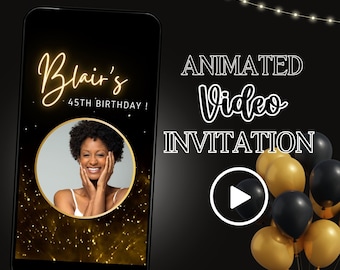 Video Birthday Invite, Any Age Invite, Video Evite, Black and Gold Birthday, Animated Invitation, Invite with Photo, Text Invite