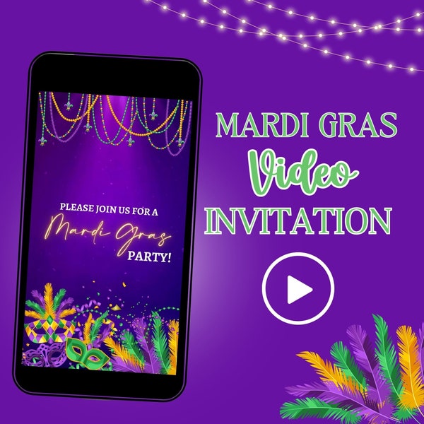 Invitation vidéo de mardi gras, invitation de la Nouvelle-Orléans, invitation vidéo, invitation vidéo, invitation animée, anniversaire de mardi gras