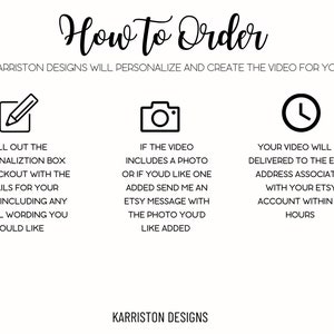 May include: How to order a personalized video from Karriston Designs.  Fill out the personalization box at checkout with details for your event, including any special wording you would like.  If the video includes a photo or you would like one added, send an Etsy message with the photo you'd like added.  Your video will be delivered to the email address associated with your Etsy account within 24 hours.