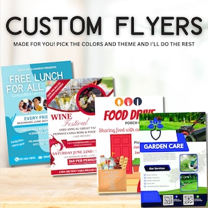 May include: Three colorful flyers advertising different events. The first flyer is red and white and advertises a free lunch for children. The second flyer is red and white and advertises a wine festival. The third flyer is red and white and advertises a food drive.