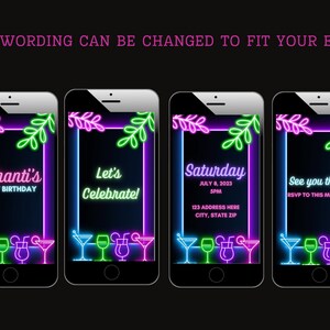 May include: Four neon-colored phone screen mockups with a tropical leaf design and neon cocktail glasses. The text on the screens reads "Ashanti's 21st Birthday", "Let's Celebrate!", "Saturday July 8, 2023 5PM 123 Address Here City, State Zip", and "See you there! RSVP to this message".