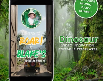 Könnte beinhalten: Ein Smartphone-Bildschirm mit einer digitalen Einladungsvorlage zum Geburtstag im Dinosaurier-Design. Das Design zeigt ein Kind mit Hut, ein gelbes Geländefahrzeug und den Text: GET READY TO ROAR! AT BLAKE'S 6TH BIRTHDAY PARTY! INCLUDES MUSIC! EASY SHARE!