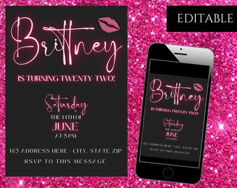 Neon Pink Birthday Invitation, Girls Party, Canva Template (Digital)