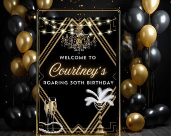 Gatsby Black & Gold Birthday Sign Template, editable  Gatsby Sign, Birthday Sign, Canva Template, Birthday Sign with photo, welcome Sign