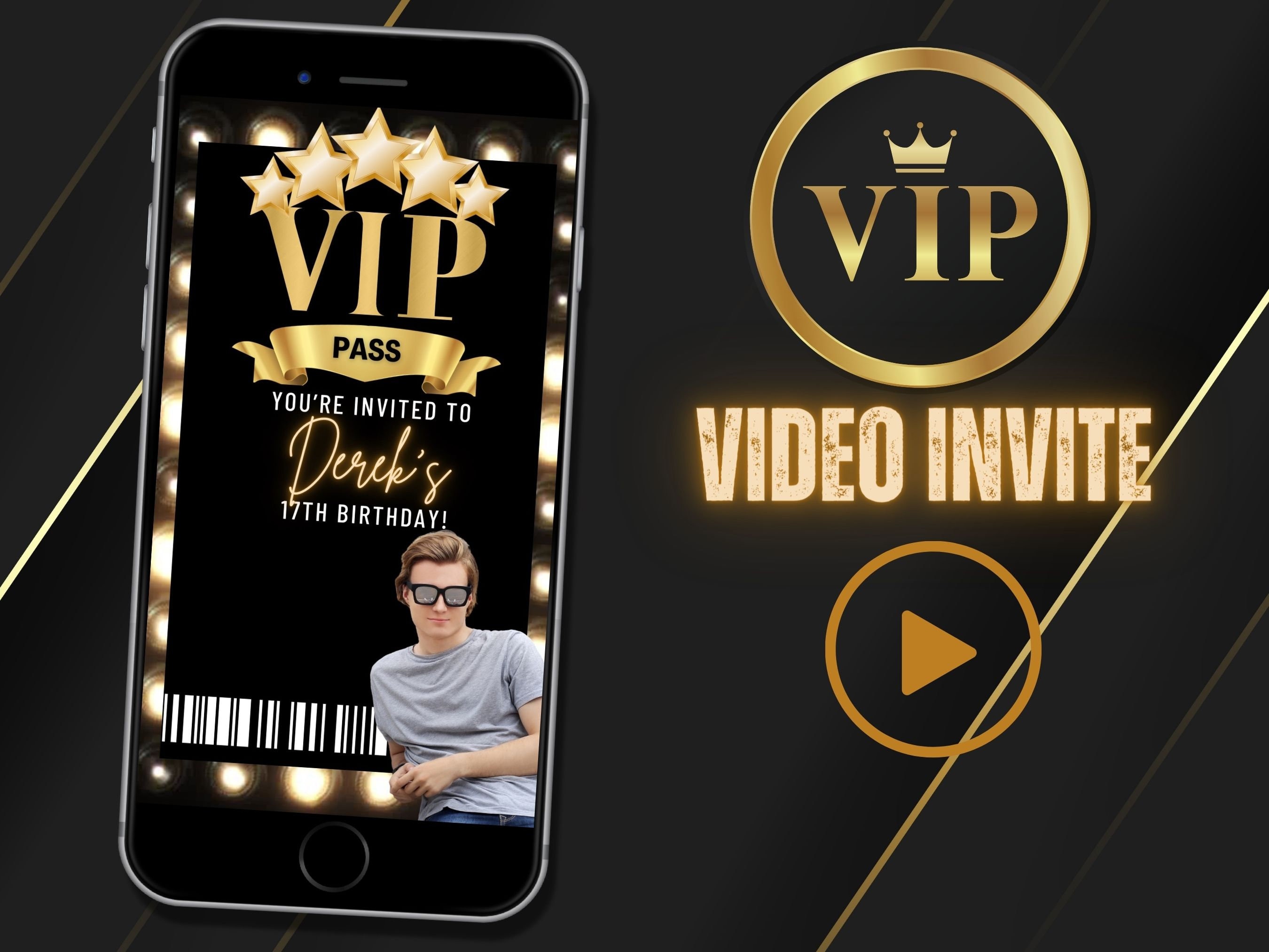 Personalised VIP Ticket Black &Gold Birthday Invitations Party