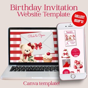 May include: A laptop and smartphone displaying a birthday invitation template. The laptop screen shows a teddy bear, envelope, and cupcake. The phone shows a birthday invitation with a cake and balloons. Text includes "Birthday Invitation Website Template" and "Canva template!"