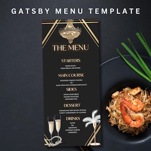 Szablon menu motywu GATSBY, szablon menu, szablon Canva, menu urodzinowe, edytowalne menu, menu urodzinowe Gatsby