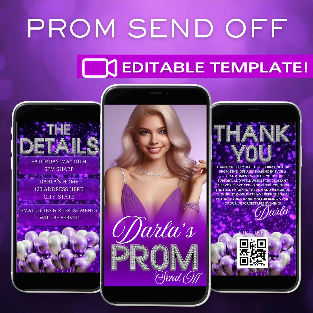 Editable Prom Send off Video Invitation,purple Prom Send off Evite ...