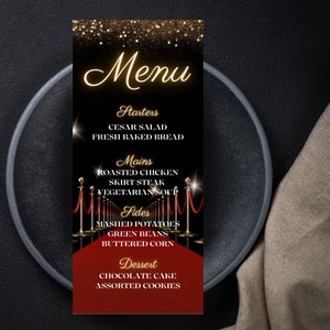 Szablon menu powitalnego na czerwony dywan, szablon menu, szablon Canva, menu urodzinowe, edytowalne menu, menu urodzinowe dla dorosłych