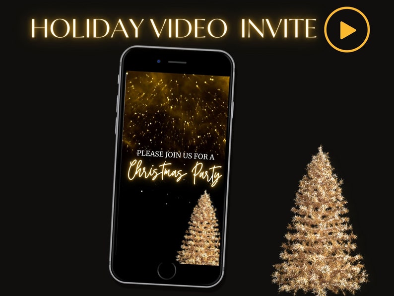 Video Christmas Invite, Black and Gold Christmas Invitation, Gold Holiday Invite, Video Evite, Christmas Evite, Animated Evite image 1