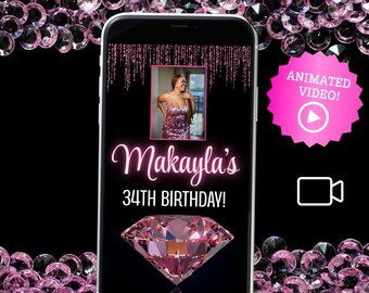 Pink Diamond Birthday Video Invitation, Animated Evite (Digital)