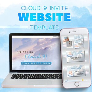 May include: A laptop and smartphone displaying a baby shower website template. The laptop screen shows a cloud background with the text "We are on Cloud 9!" and "Click Here to Enter." The phone shows invitation details.