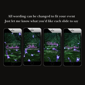 Op de afbeelding: Vier telefoonschermen met een groene en paarse achtergrond met gloeiende vlinders. De tekst op de schermen luidt "You're invited to an Enchanted Evening", "To Celebrate Bella's 16th Birthday", "Saturday May 16th, 2024 at 5pm 123 Address Here City, State Zip", en "See you there! RSVP to this message".