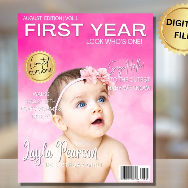 Couverture de magazine personnalisée, couverture de magazine premier anniversaire, cadeau premier anniversaire, panneau 1er anniversaire, impression numérique, panneau d'étape