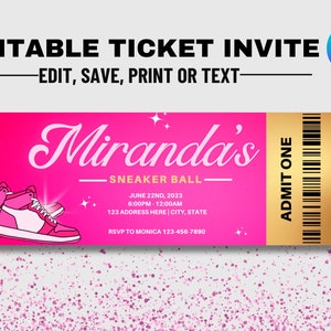 EDITABLE Sneaker Ball Ticket Template, Ticket Invitation, Editable Ticket, Pink Sneaker Ball, Canva Template, Editable Invite