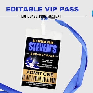 Editable VIP Sneaker Ball Pass, Canva Template, VIP Pass Template, Sneaker Ball ticket, Lanyard Ticket, Sneaker Ball Party, Sneaker Evite