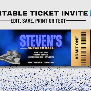 EDITABLE Sneaker Ball Ticket Template, Ticket Invitation, Editable Ticket, Blue Sneaker Ball, Canva Template, Editable Invite