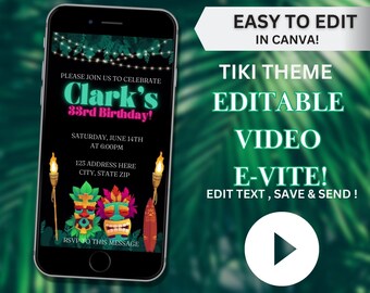 Tiki Birthday Video Invite, Tropical Theme (Canva Template)