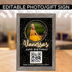 Zwart-gouden QR-bord verjaardagssjabloon, bord cadeaubetaling, bord betalingsscan voor verjaardag, tafelfoto-instelling, foto voor tafel