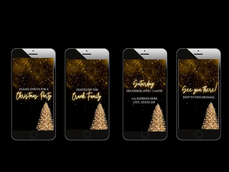 Video Christmas Invite, Black and Gold Christmas Invitation, Gold Holiday Invite, Video Evite, Christmas Evite, Animated Evite image 2