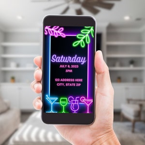 May include: A smartphone displaying a neon pink, green, and blue invitation for a party on Saturday, July 8, 2023 at 5 PM. The invitation includes the text "Saturday" and "123 Address Here, City, State Zip".