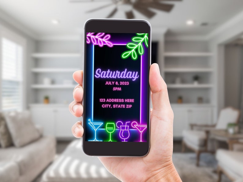 May include: A smartphone displaying a neon pink, green, and blue invitation for a party on Saturday, July 8, 2023 at 5 PM. The invitation includes the text "Saturday" and "123 Address Here, City, State Zip".