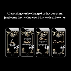 May include: Four black smartphone screens with gold frames and a gold chandelier design. The text on the screens reads: "A Little Party Never Killed Nobody", "You're Invited to Celebrate Helen's 33rd Birthday", "Saturday June 23rd, 2024 at 5pm 123 Address Here City, State Zip", and "See You There! RSVP to This Message".