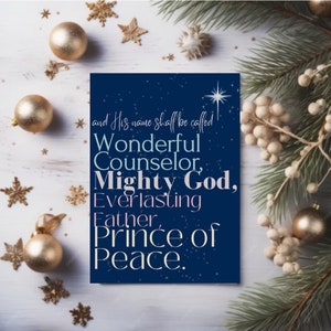 Christelijke kerstkaart | Jesaja 9:6 | Emmanuel | Geweldige Raadgever | Machtige God | Vredevorst | Moderne feestelijke kaart