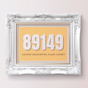 May include: A white framed print with a yellow background and the number 89149 in white text. The text "RANCHO CHARLESTON, CLARK COUNTY" is below the number in black text.