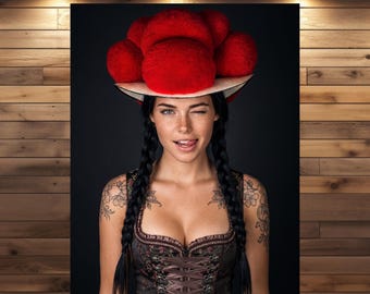 Zwarte Woud Elli - Muurdecoratie: Vrouw met Bollenhut-hoed, moderne traditionele kostuumkunst op canvas en poster, Zwarte Woud decoratie