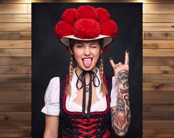 Poster van de vrouw uit Bollenhut | Zwarte Woud Metal | Decoratie Zwarte Woud | Heavy Metal Cadeau | Muurdecoratie met Dirndlrok