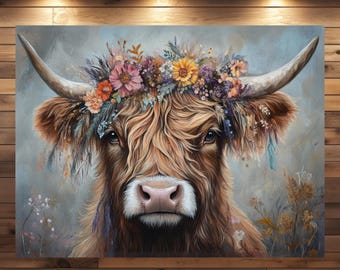 Boho Highland Cow Kelly Poster & Canvas – Rustieke wanddecoratie met dierenmotief | Boho kunstprint - Muurdecoratie in moderne landelijke stijl