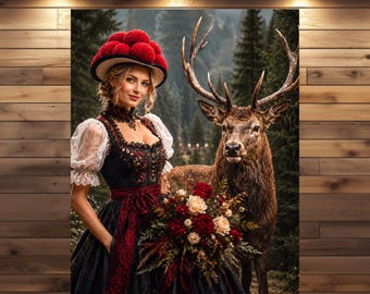 Schwarzwald Magie Poster Bollenhut Frau mit Hirsch, Black Forest Wall Art, Trachten Wandbild, Leinwand