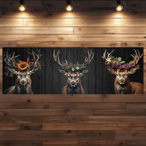 Hertenwandeling – Panoramisch canvas 180×60 cm | Drie herten als moderne Zwarte Woud-kunst in groot formaat