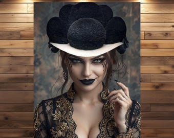 Dark Art Casandra Wandbild Gothic | Schwarzwald Mystik Kunstdruck Frau | Poster Leinwand Dark Aesthetic Blütenhut Geschenk