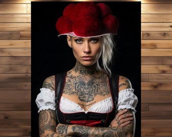 Poster van de vrouw uit Bollenhut | Decoratie uit het Zwarte Woud | Getatoeëerde Erika in een dirndl | Boho muurdecoratie