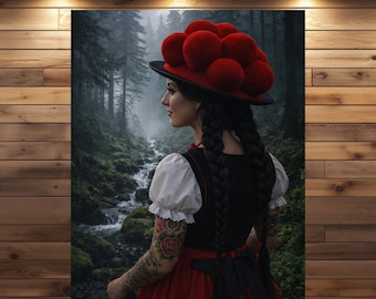 Mystiek van het Zwarte Woud – Muurdecoratie met een mystieke vrouw | Kunstposter van het Zwarte Woud | Vrouw uit het Nevelige Woud