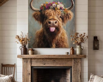 Sky – Das freche Hochlandrind mit Blumenkranz | Humorvolle Tierkunst | Poster oder Leinwand