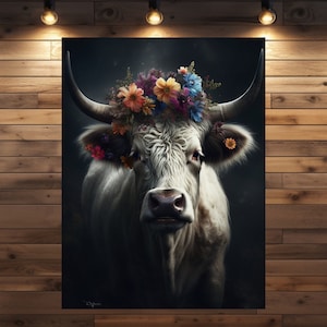 Kuhdame Hilde Kunstwerk Poster - Moderner Schwarzwald-Stil, Farbenfrohe Blumenkrone, Wanddeko für Zuhause und Büro