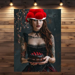 Schwarzwald Schönheit Kerstin mit dem Wahrzeichen Bollenhut und Kirschtorte als Poster oder Leinwand in verschiedenen Größen