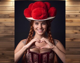 Muurdecoratie uit het Zwarte Woud: Vrouw met Bollenhut-hoed en hart, Verliefd op het Zwarte Woud, Moderne traditionele kunst, Liefdescadeau uit het Zwarte Woud
