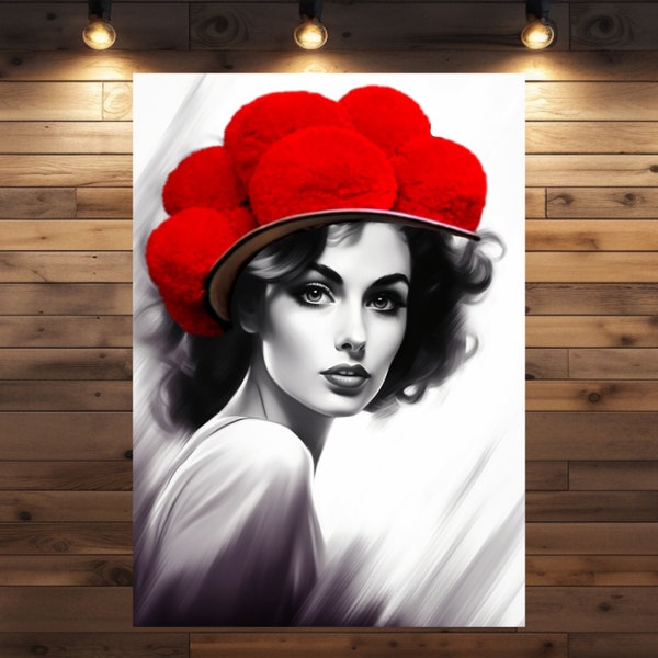 Schwarzwald Illustration Lady Greta im 60s Vintage Look mit Bollenhut als Poster und Leinwand