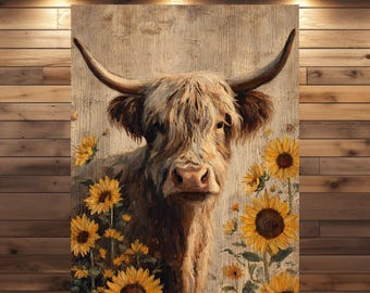 Hochlandrind Ferdi mit Sonnenblumen – Rustikale Landhaus Deko als Poster oder Leinwand