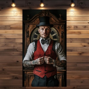 Op de afbeelding: Een man met een zwarte hoge hoed, een rood gepatroneerd vest, een wit overhemd en een zwarte strik. Hij heeft tatoeages op zijn armen en staat voor een antieke klok.