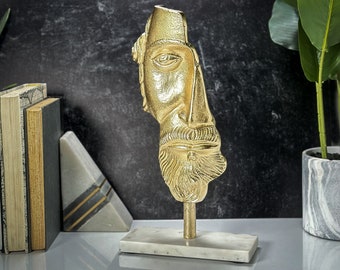 Gold Half Face Sculpture: Modern Iron Art on Marble Base