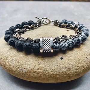 Mens Beaded Chainlink Bracelet: Tiger Eye & Lava Stone