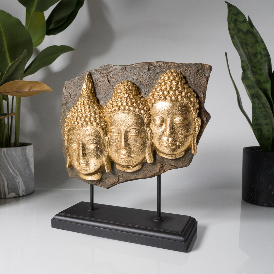Vintage Buddha Face Sculpture Three Buddha Face Statue Gold Buddha