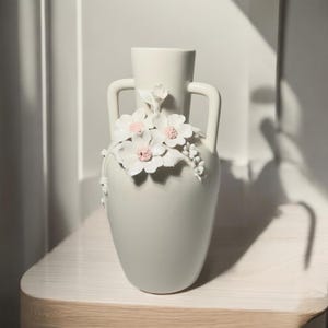 Elegant Porcelain Vase with Hand-Sculpted Flowers - White Porcelain Vase - Ceramic Vase - Hand Sculpted 3D Flower Vase - Unique Gift