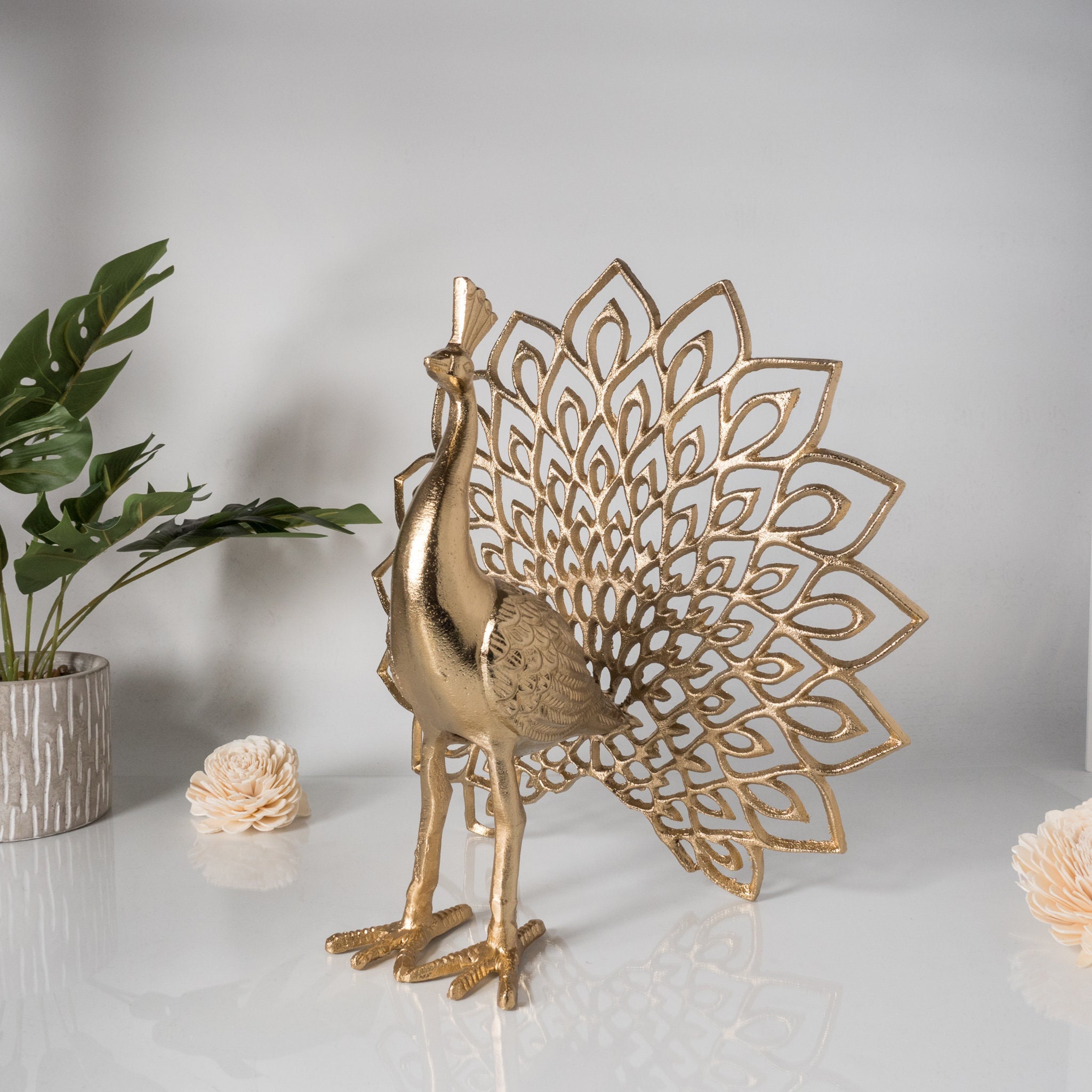 Golden Peacock Statue Gold Peacock Metal Decor Brass Etsy
